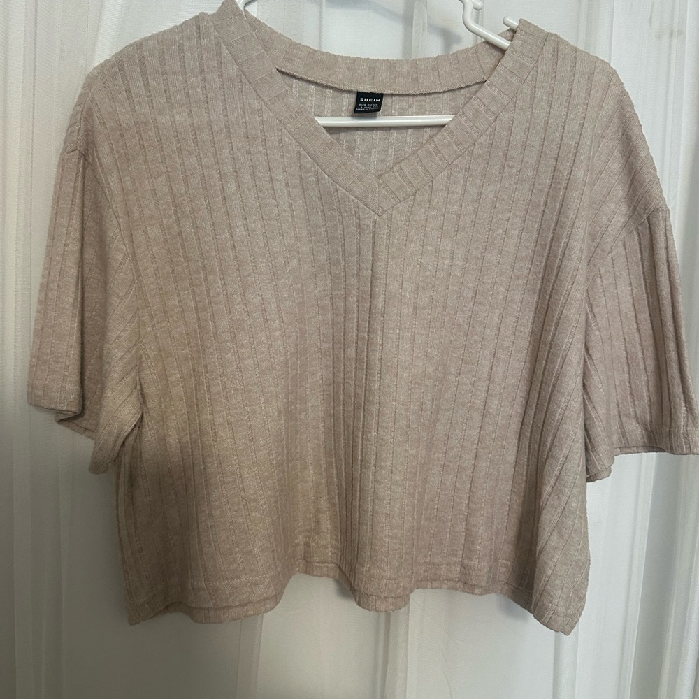 SHEIN Set Beige V-Neck Ribbed Crop Top/Skirt